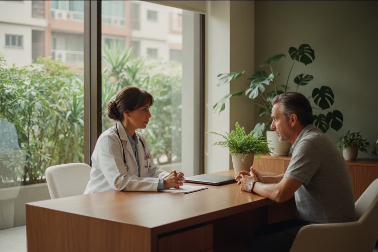 Doctora escuchando a su paciente en un consultorio luminoso