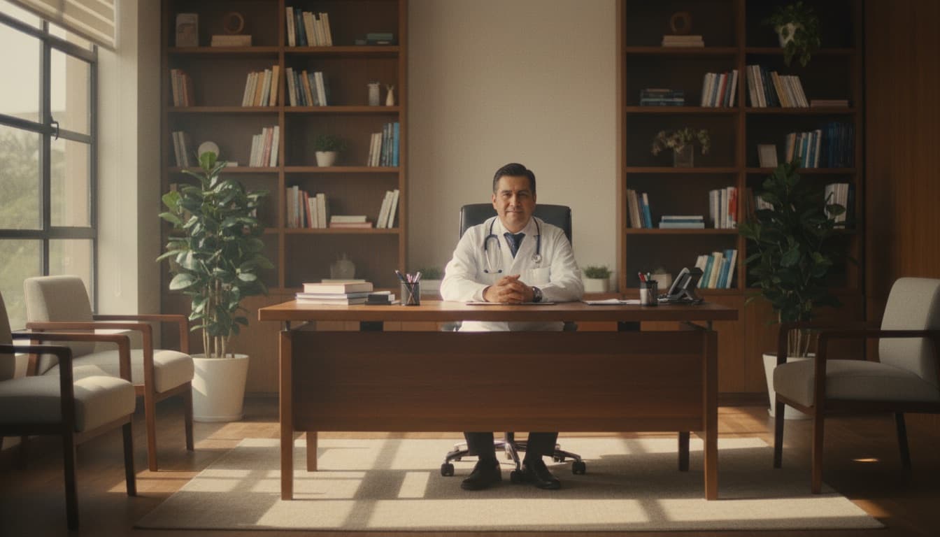 Médico sonriendo en su consultorio con luz cálida de tarde